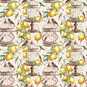 Seamless pattern of yellow lemons, birds and copper cage with satin ribbons on a beige background. Watercolor drawing in vintage style. Drawing for interior, cards, weddings, invitations, textiles