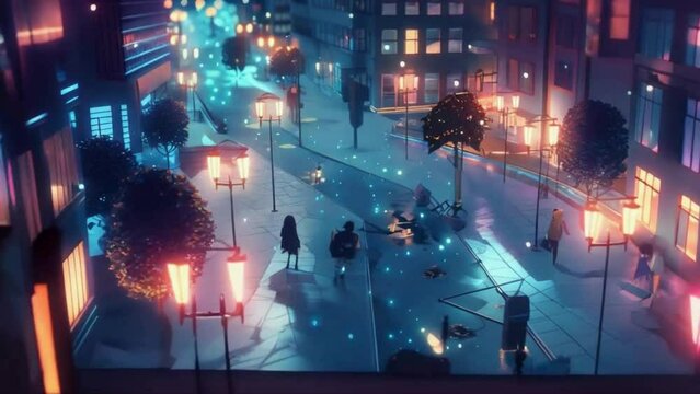 A nighttime cityscape with characters wandering through illuminated streets, capturing the essence of urban life, cute Lofi loop anime animation.