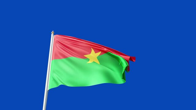 flag of burkina faso on a blue screen, waving in the wind, symbol of the burkina faso, no background, african country, green and red with yellow star, tall flagpole, 