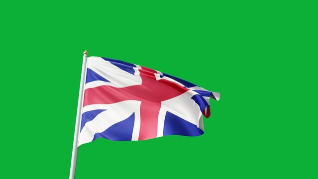  british flag, waving in the wind on a green screen,  English, union jack, united kingdom, england symbol, flag on a flagpole, no background, patriotism, country, european symbol,, waving in the wind