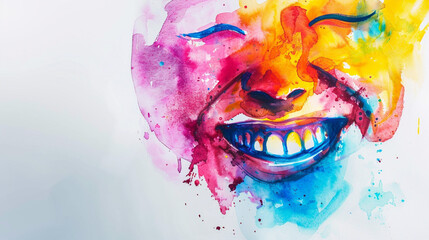 Beautiful laughing woman face abstract watercolor illustration on the paper. happy smile. Happiness emotions. Concepts about emotional health, joy, pleasure, enjoy. Psychology, mentality,feeling. - obrazy, fototapety, plakaty