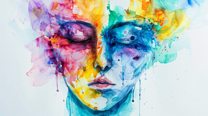 Woman's face abstract watercolor illustration on the paper with copy space. Different of Emotions. Emotional health, psychology. Depression, bipolar disorder, anger, aggressive, headache.