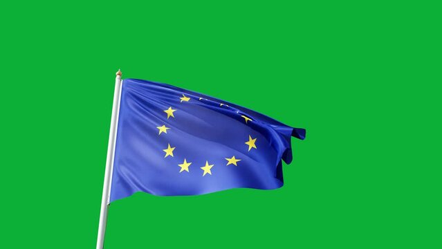 flag in the wind, european union flag on a greens screen, UE, EU, flag on a flagpole with no background, patriotism, europe symbol, states, countries, union, waving in the wind