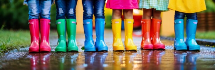 Close-up on children legs in colorful wellie boots standing in a puddle. Kids jumping over puddles in colorful rain boot - Powered by Adobe
