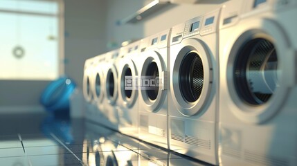A row of washing machines in a 3D render that illustrates the energy efficiency scale concept and energy efficiency concept - obrazy, fototapety, plakaty
