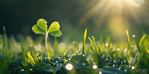 Nature Backgrounds, Sunlit Dewy Four-Leaf Clover Amidst Lush Greenery, - obrazy, fototapety, plakaty