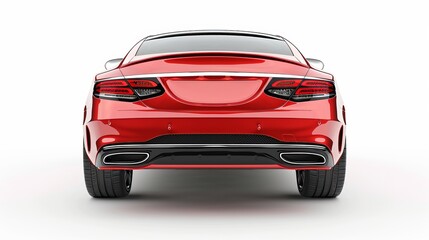 An isolated 3D rendering of the rear of a red luxury car set against a white backdrop - obrazy, fototapety, plakaty