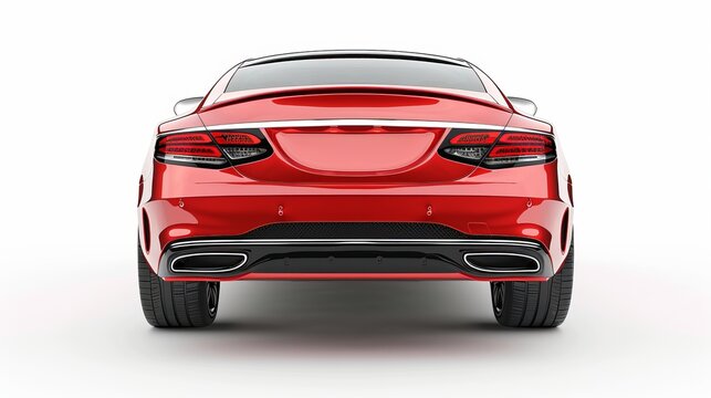 An isolated 3D rendering of the rear of a red luxury car set against a white backdrop
