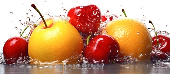 illustration of fresh ripe oranges in red and yellow colors with splashes of fresh water, isolated on a white background
