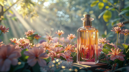 Obraz na płótnie Canvas A luxury glass perfume bottle on pink flowers garden with morning light background, a wide banner with copy space area