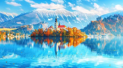 Fotobehang A panoramic view of Lake Bled in autumn, Beautiful a lake with mountains snow and trees Background. © Penatic Studio