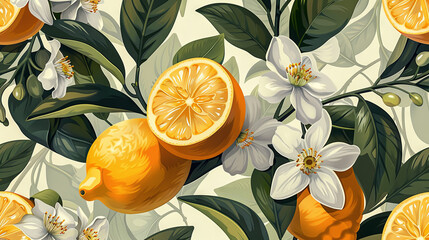 lemon fruit with flowers background - obrazy, fototapety, plakaty