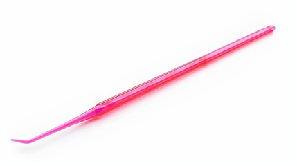 toothpick made of bright pink plastic, isolated on a white background - obrazy, fototapety, plakaty