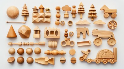 Fototapeta na wymiar collection of different wooden toys on a white background