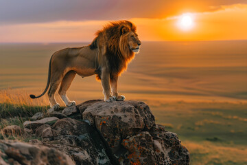 The Regal Lion: A Majestic Representation of Wild and Fearless Dominance during Sunset