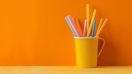 mug with variously colored straws against an orange backdrop - obrazy, fototapety, plakaty