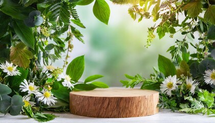 Eco-Chic Presentation: Wooden Podium Adorned with Fresh Foliage and Blooms