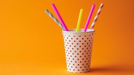 mug with variously colored straws against an orange backdrop - obrazy, fototapety, plakaty