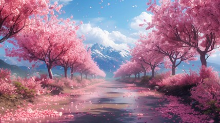 Scattered Pink Petals under Blue Skies, generative ai