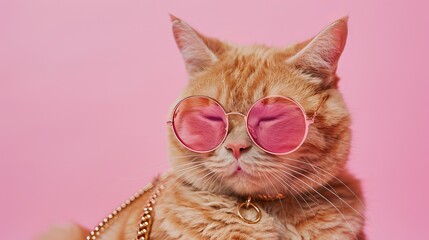 A plump red feline with a pink backdrop, wearing glasses and a chain around his neck - obrazy, fototapety, plakaty