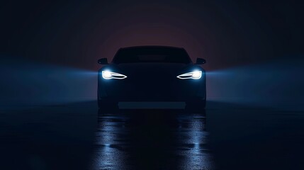 Vector illustration of a car with xenon headlights in the showroom, approaching in the dark with bright headlights. - obrazy, fototapety, plakaty