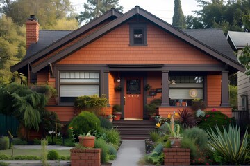 Fototapeta na wymiar A cozy craftsman-style house facade bathed in warm apricot hues, inviting guests with its welcoming aura.
