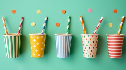Paper cup with green background and various colored straws - obrazy, fototapety, plakaty