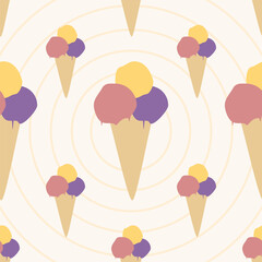 ice cream background, seamless pattern of ice cream scoops in a cone, repeating texture of colorful ice cream cones in red yellow and purple, abstract simple design, ideal for textile or paper design