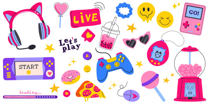 Set of Video game stickers. Gamer stickers with pixel icons, cartoon flat style. Vector gaming modern elements:  game console, controller, joystick, headphones with ears. Gamer and streamer  stickers