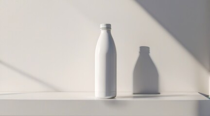 White bottle on a table, suitable for product advertisementA bottle of liquid resting on top of a block. Suitable for various uses