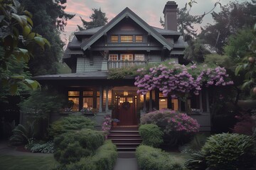 From the sky, a serene craftsman bungalow facade adorned with gentle lavender hues, surrounded by lush foliage and flowering bushes.