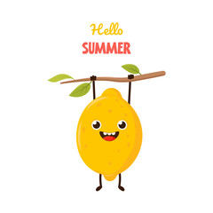 Summer poster with cute funny lemon character. Cute hand drawn poster with fruit. Hello Summer