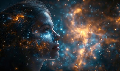 Profile of a woman's head with a glowing brain and a starry sky background