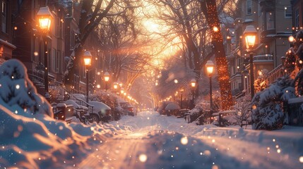 Morning Glow on Snowy Urban Street, generative ai