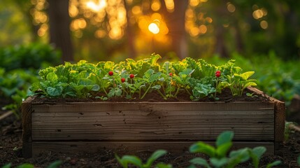 Morning Light on Eco-Friendly Vegetable Planting Box, generative ai