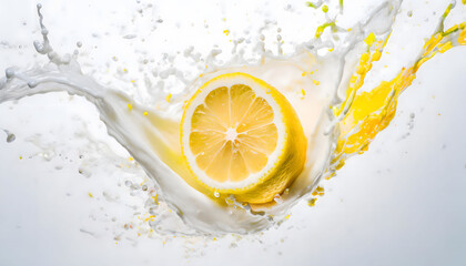 Visual Representation of the Moment a Falling Lemon Collides with Water and Milk, Transformed into an Artistic Scene. Slices and Splashes.