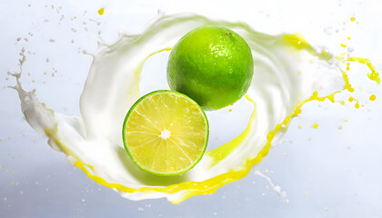 Visual Representation of the Moment a Falling Lime Collides with Water and Milk, Transformed into an Artistic Scene. Slices and Splashes.