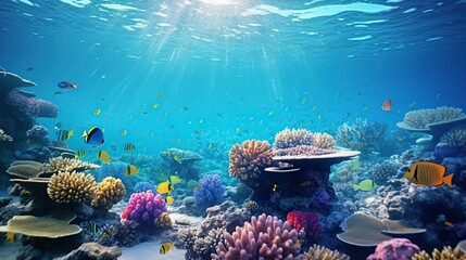 Fototapeta premium Beautiful tropical sea underwater fishes with coral reef. Panoramic underwater world.