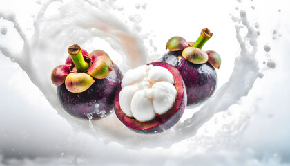 Visual Representation of the Moment a Falling Mangosteen Collides with Water and Milk, Transformed into an Artistic Scene. Slices and Splashes.	
