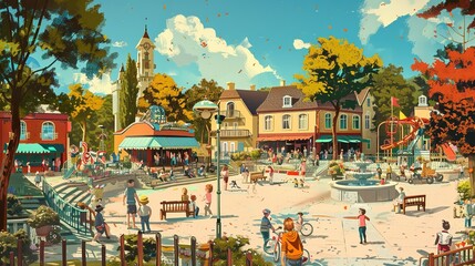 A picture book illustration where there are many people in a town - obrazy, fototapety, plakaty