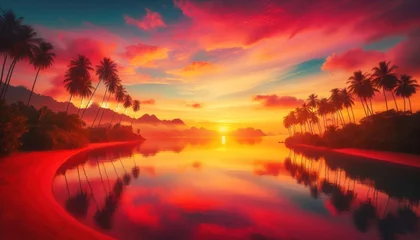 Draagtas Tropical sea sunset on beach with Palm Trees Silhouettes panorama © printartist