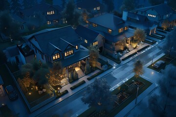 A bird's-eye perspective capturing the depth of a dramatic craftsman home facade adorned with midnight blue tones, under the moonlit sky. - obrazy, fototapety, plakaty