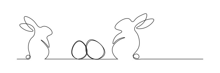 One continuous line drawing of Easter eggs and bunnies. Greeting banner design with rabbit and ears in simple linear style. Editable stroke. Vector