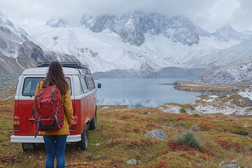 A woman stands in front of a red van - Powered by Adobe