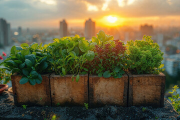 A row of potted plants sit on a ledge, with the sun setting behind them - obrazy, fototapety, plakaty