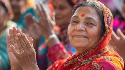 Indian woman wearing vibrant sari clapping enthusiastically