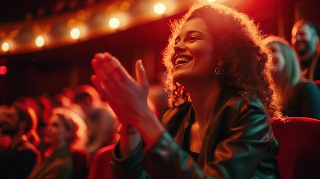 Woman sitting in theater, clapping enthusiastically
