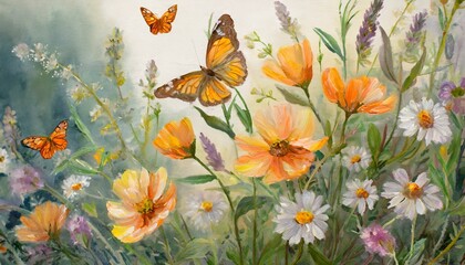 Obraz na płótnie Canvas Nature's Symphony: Oil Painted Wildflowers and Butterflies in Delicate Hues