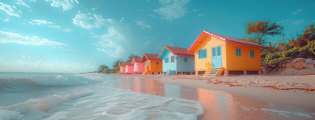 simple tropical beach sand with colorful beach huts in beach, sea and seawater background