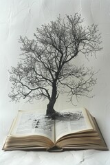 A symbolic journey unfolds as a tree's shadow extends into the pages of an open book, embodying themes of knowledge and growth.